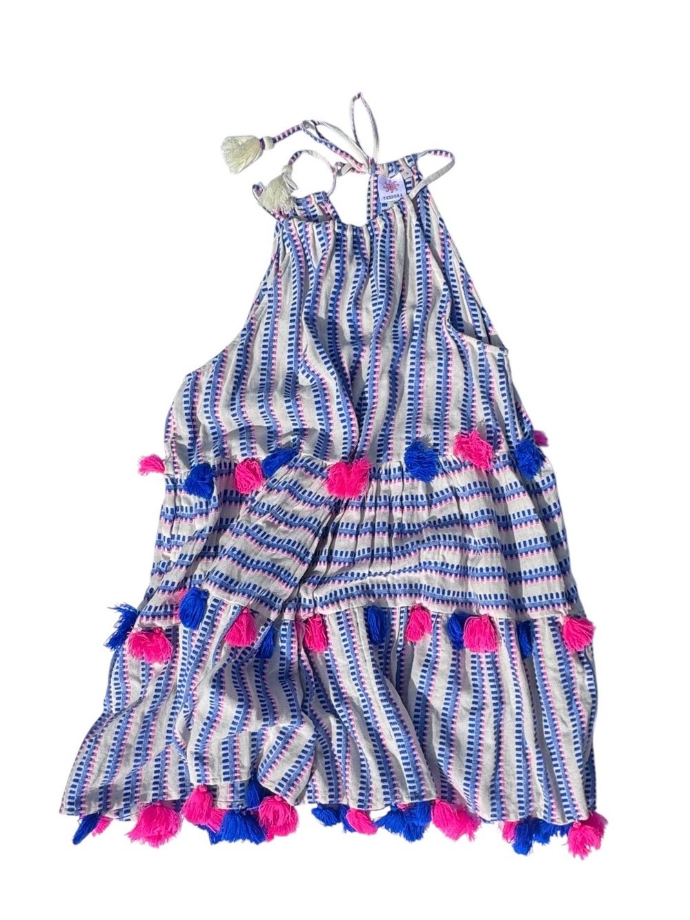 Tiered Midi Dress with Blue and Hot Pink Tassels Sz L